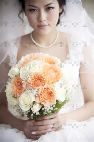 A bride in a white wedding dress holds a beautiful bridal bouquet