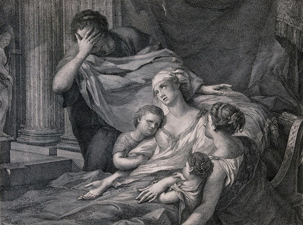 The dying Alcestis is surrounded by her family