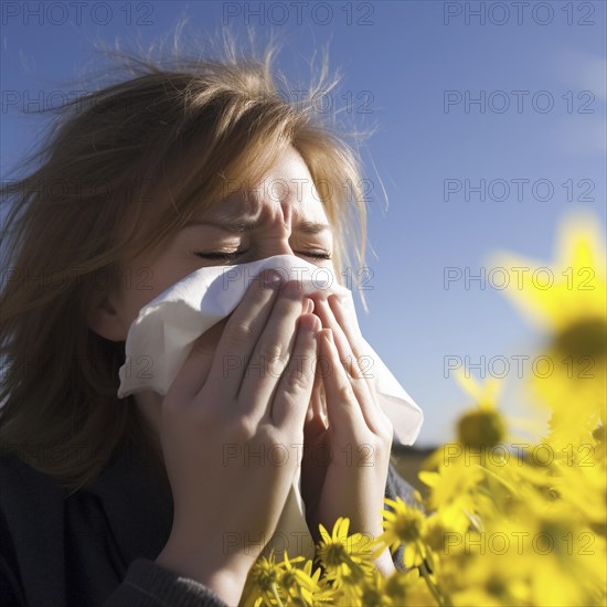 Hay fever child suffers from hay fever and is surrounded by pollen flowers