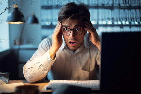 A stockbroker in glasses looks in shock at the display of his notebook