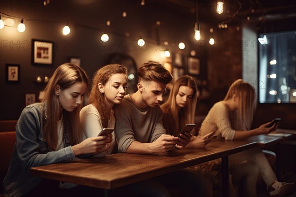 A group of young people in a restaurant are bored with their mobile phones