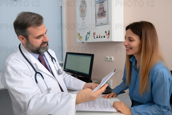 A doctor in a white coat with a stethoscope talking to a patient