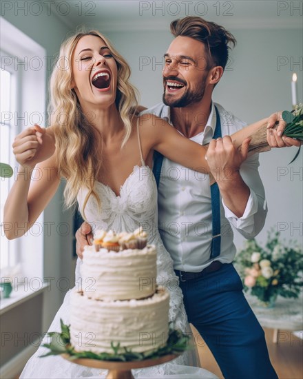 A young wedding couple at the wedding reception has fun