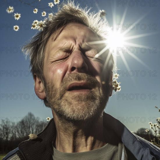 Hay fever child suffers from hay fever and is surrounded by pollen flowers