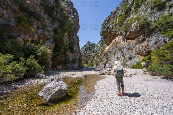 Hikers in a gorge with river Torrent de Pareis