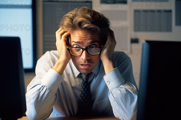 A stockbroker in glasses looks in shock at the display of his notebook