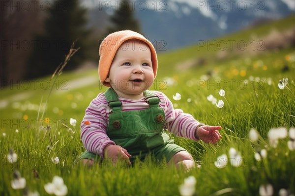 A laughing baby in a woolly hat sits on a green alpine meadow in the mountains among white flowers