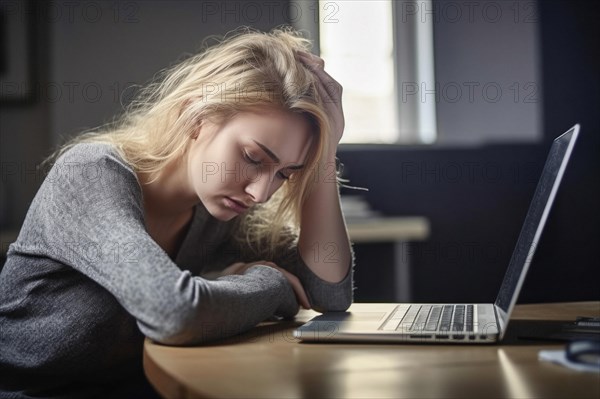 Young woman sitting exhausted at a notebook