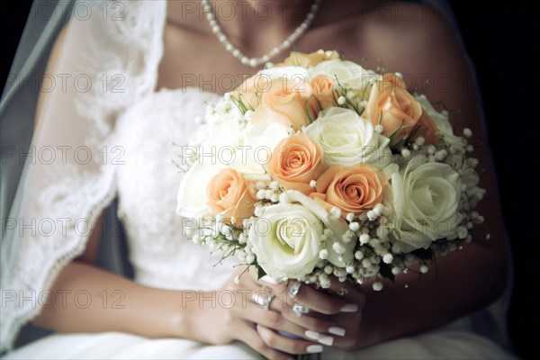 A bride in a white wedding dress holds a beautiful bridal bouquet