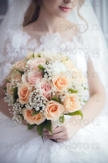 A bride in a white wedding dress holds a beautiful bridal bouquet