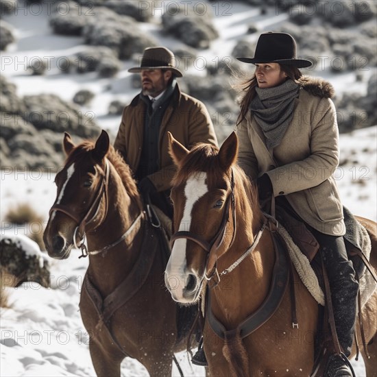 Two riders in natural setting riding through snow in mountains