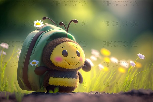 A cute honey bee with school bag on its way through a summer meadow