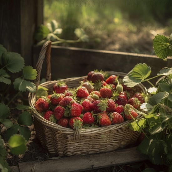 Raffia basket with fresh strawberries in a natural environment in a field