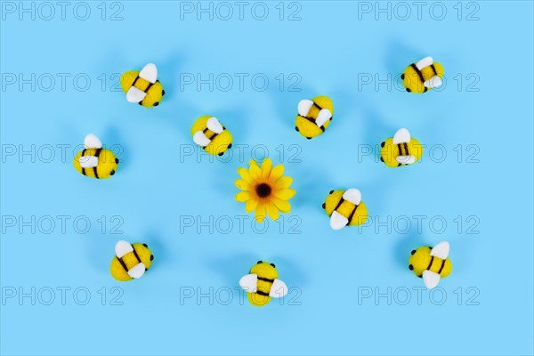 Cute felt bees surrounding yellow flower on blue background