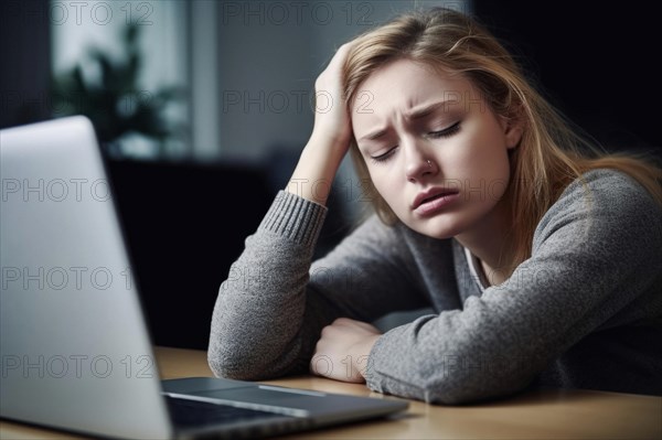 Young woman sitting exhausted at a notebook