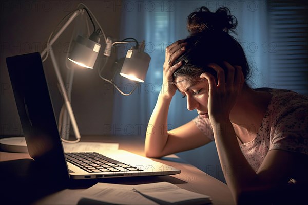 Young woman sitting exhausted at a notebook