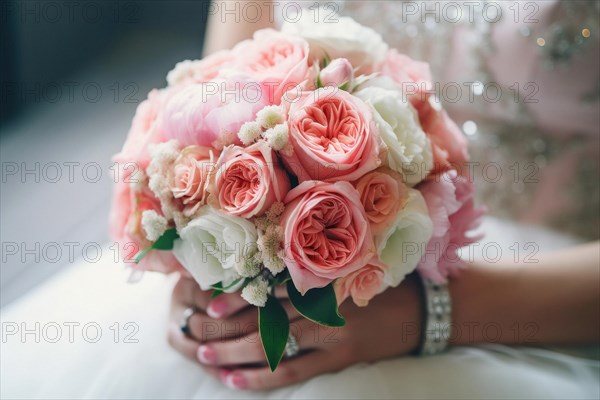 A bride in a white wedding dress holds a beautiful bridal bouquet