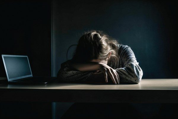 Young woman sitting exhausted at a notebook