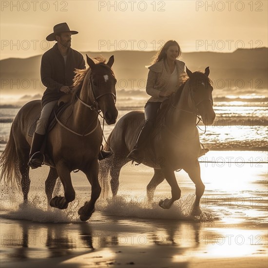 Two horsemen in natural surroundings ride along the sea