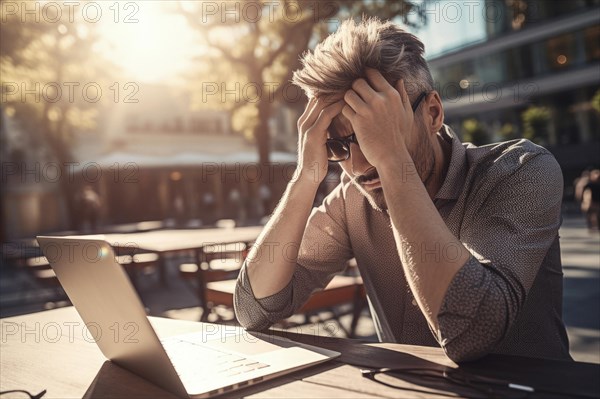 A man sits exhausted and tired at a notebook