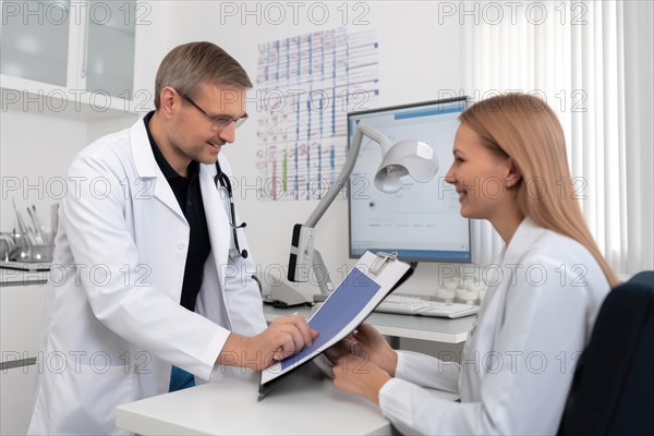 A doctor in a white coat with a stethoscope talking to a patient