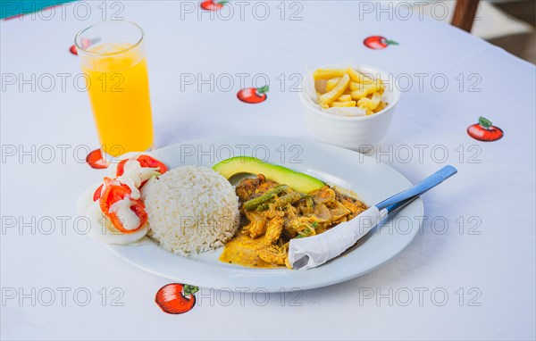 Top view of a traditional breakfast served on the table. Traditional breakfast with orange juice served on the table
