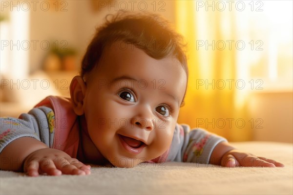 A laughing baby in a romper suit