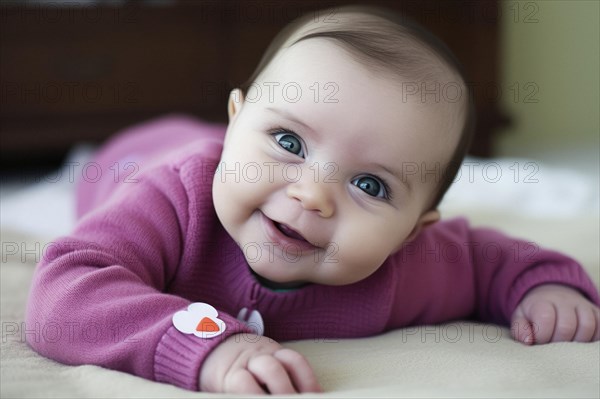 A laughing dark-haired baby in a purple romper suit