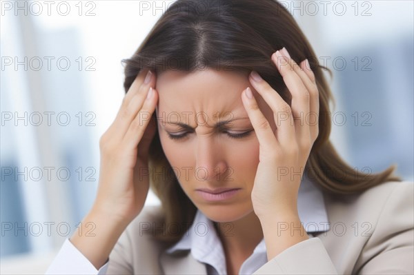 Woman desperately holds her head with her hand