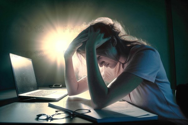 Young woman sitting exhausted at a notebook