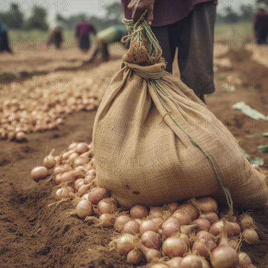 Old sack with onions in natural and rustic environment