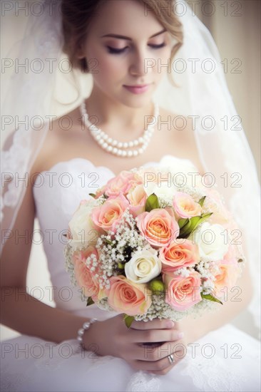 A bride in a white wedding dress holds a beautiful bridal bouquet