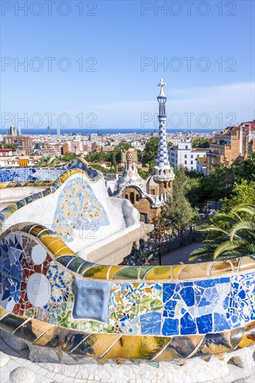 Benches with colourful mosaic