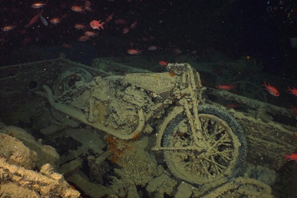 Norton motorbike from the Second World War in the hold of the Thistlegorm. Dive site Thistlegorm wreck