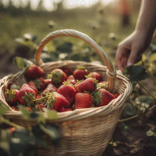 Raffia basket with fresh strawberries in a natural environment in a field