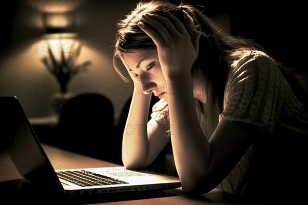 Young woman sitting exhausted at a notebook