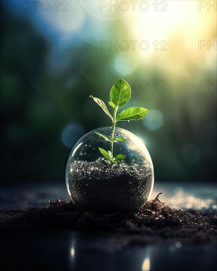 A glass ball filled with earth from which a green shrub grows