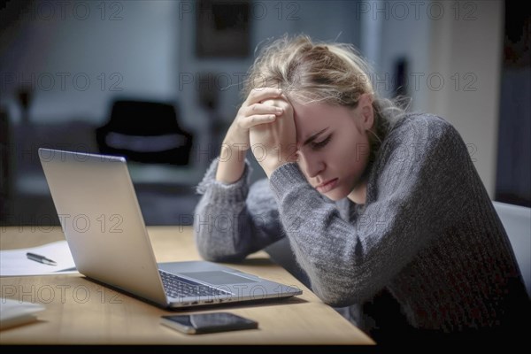 Young woman sitting exhausted at a notebook