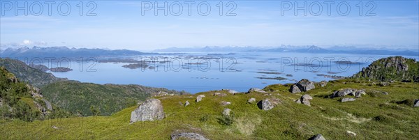 View of sea with archipelago islands from Svellingsflaket and mountains