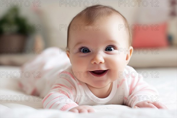 A laughing dark-haired baby in a pink romper suit