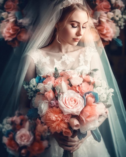 A bride in a white wedding dress holds a beautiful bridal bouquet