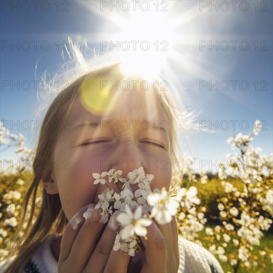 Hay fever child suffers from hay fever and is surrounded by pollen flowers