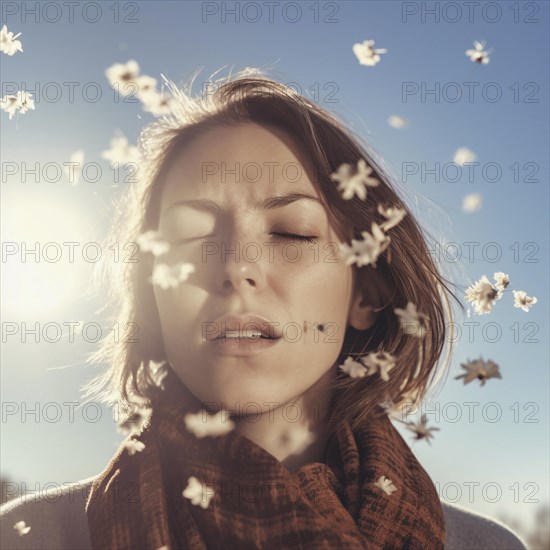 Hay fever child suffers from hay fever and is surrounded by pollen flowers