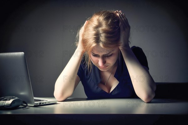 Young woman sitting exhausted at a notebook