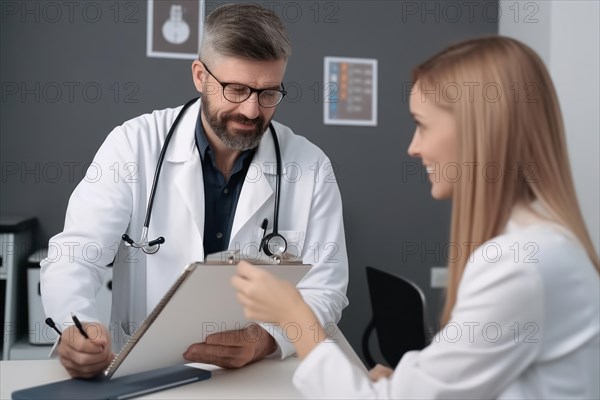 A doctor in a white coat with a stethoscope talking to a patient