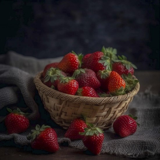 Raffia basket with fresh strawberries in a natural environment in a field