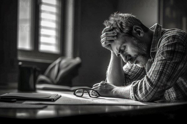 A man sits exhausted at a desk