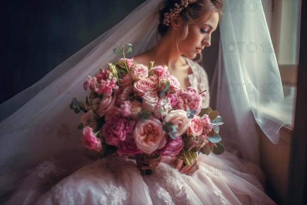 A bride in a white wedding dress holds a beautiful bridal bouquet