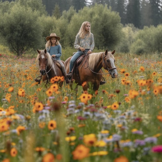 Two riders in a natural setting ride on a meadow