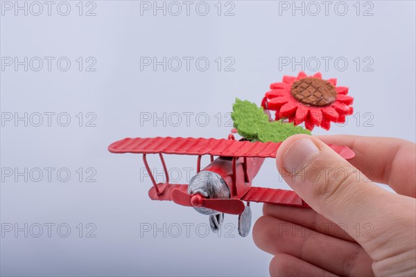 Child holding a little metal model airplane with flower in hand
